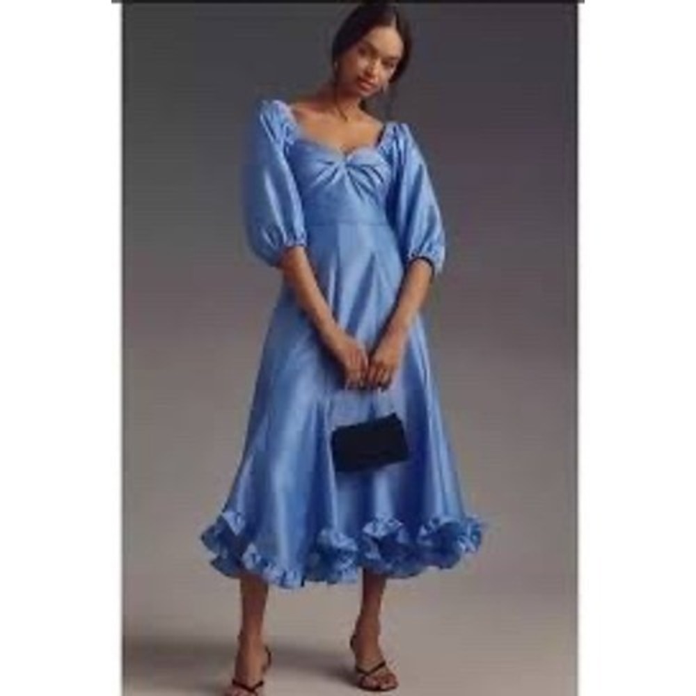 Anthropologie Hutch Blue Ruffled Puff Sleeve Midi Dress Iridescent Wedding Guest